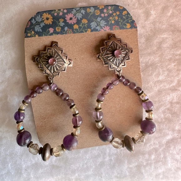 Southwest Inspired Beaded Hoop Amethyst Earrings - Picture 4 of 8